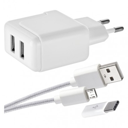 Duální USB adaptér do sítě + micro USB kabel + USB-C redukce