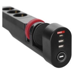 Prodlužovací kabel 1,5m/3 zásuvky/vypínač/uchycení na stůl/USB/černý/PVC/1,5mm2 