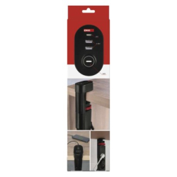 Prodlužovací kabel 1,5m/3 zásuvky/vypínač/uchycení na stůl/USB/černý/PVC/1,5mm2 