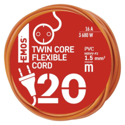Dvoužilový pohyblivý přívod 20 m / 1 zásuvka / oranžový / PVC / 230 V / 1,5 mm2