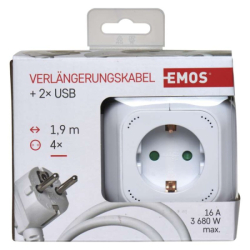 Prodlužovací kabel - kostka 1,9 m / 4 zásuvky / bílý / PVC / s USB / 1,5 mm2