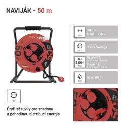 Venkovní prodlužovací kabel na bubnu 50 m / 4 zásuvky / černý / guma / 230 V / 2,5 mm2 