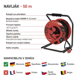 Venkovní prodlužovací kabel na bubnu 50 m / 4 zásuvky / černý / guma / 230 V / 2,5 mm2 