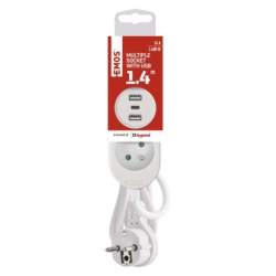Prodlužovací kabel 1,4 m / 2 zásuvky+2×USB-A+1×USB-C / s vypínačem  / bílý / PVC / 1,5 mm2