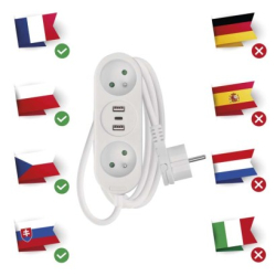 Prodlužovací kabel 1,4 m / 2 zásuvky+2×USB-A+1×USB-C / s vypínačem  / bílý / PVC / 1,5 mm2