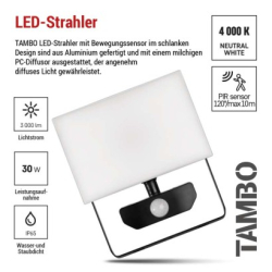 LED reflektor TAMBO se senzorem pohybu, 30 W, 3000 lm, černý