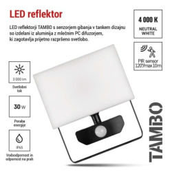 LED reflektor TAMBO se senzorem pohybu, 30 W, 3000 lm, černý