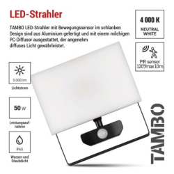 LED reflektor TAMBO se senzorem pohybu, 50 W, 5000 lm, černý