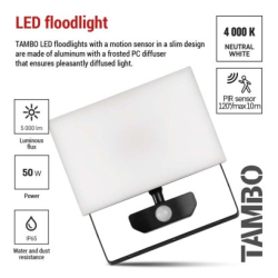 LED reflektor TAMBO se senzorem pohybu, 50 W, 5000 lm, černý
