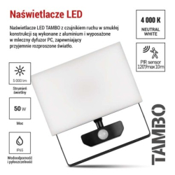 LED reflektor TAMBO se senzorem pohybu, 50 W, 5000 lm, černý