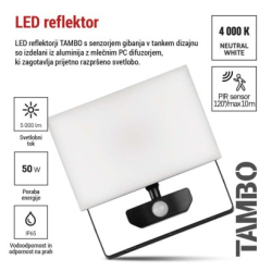 LED reflektor TAMBO se senzorem pohybu, 50 W, 5000 lm, černý