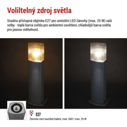 LED zahradní sloupkové svítidlo, 15,3 x 13,3 x 45 cm, 1 x E27, 25 W