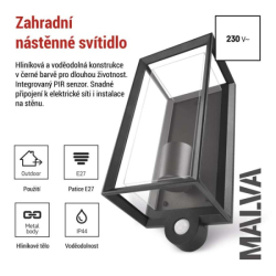 LED zahradní nástěnné svítidlo s čidlem soumraku MALVA, 13 × 12 × 28 cm, 1 × E27, 15 W