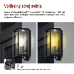LED zahradní nástěnné svítidlo s čidlem soumraku MALVA, 13 × 12 × 28 cm, 1 × E27, 15 W