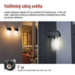 LED zahradní nástěnné svítidlo CASSIA, 12,6 × 9,5 × 22,2 cm, 1 × E27, 15 W