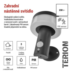 LED zahradní solární nástěnné svítidlo s čidlem soumraku, TERION, 12,5 × 14,7 × 14,2 cm