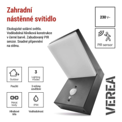 LED zahradní solární nástěnné svítidlo s čidlem soumraku, VEREA, 10,7 × 15,4 × 13 cm