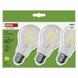 LED žárovka Filament A60 / E27 / 5,9 W (60 W) / 806 lm / Neutrální bílá, 3 ks