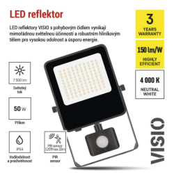 LED reflektor VISIO s pohybovým čidlem, 50 W, černý, neutrální bílá