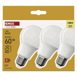LED žárovka Basic A60 / E27 / 8,8 W (60 W) / 806 lm / teplá bílá, 3 ks