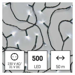 LED vánoční řetěz, 50 m, venkovní i vnitřní, studená bílá, programy, časovač